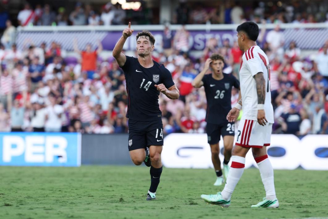 Sebastian Berhalter #14 celebrates scoring his team's fourth goal vs. Peru in Orlando, Florida. (Photo by Taylor Banner/USSF/Getty Images)