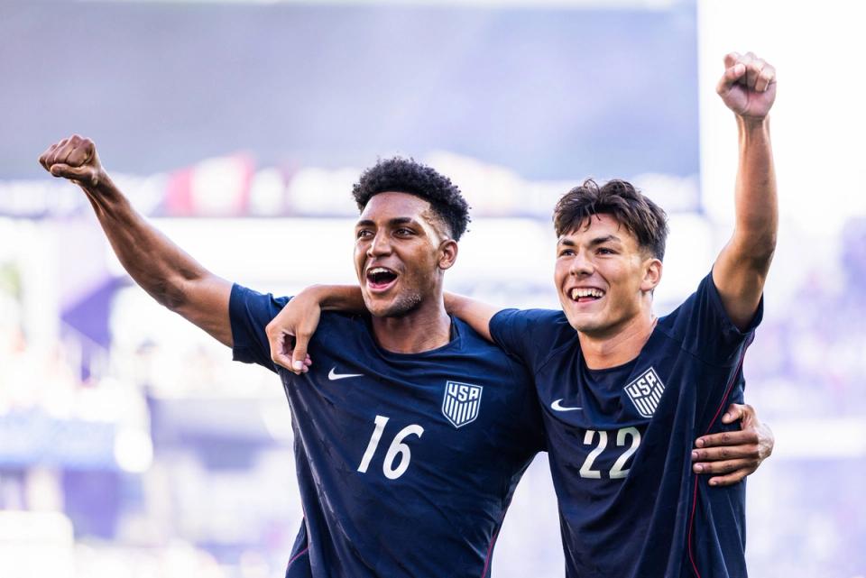 Justin Ellis (right) celebrates scoring with teammate Alex Freeman (left) at Inter.co Stadium (Photo by Mark Thorstenson/ISI Photos/ISI Photos via Getty Images)