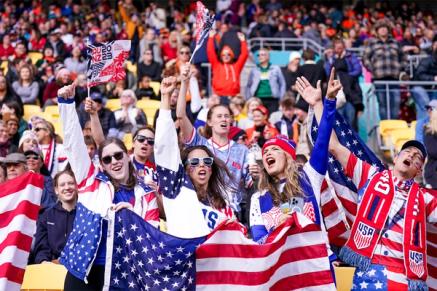 US Soccer Fans raise flags and celebrate during a match