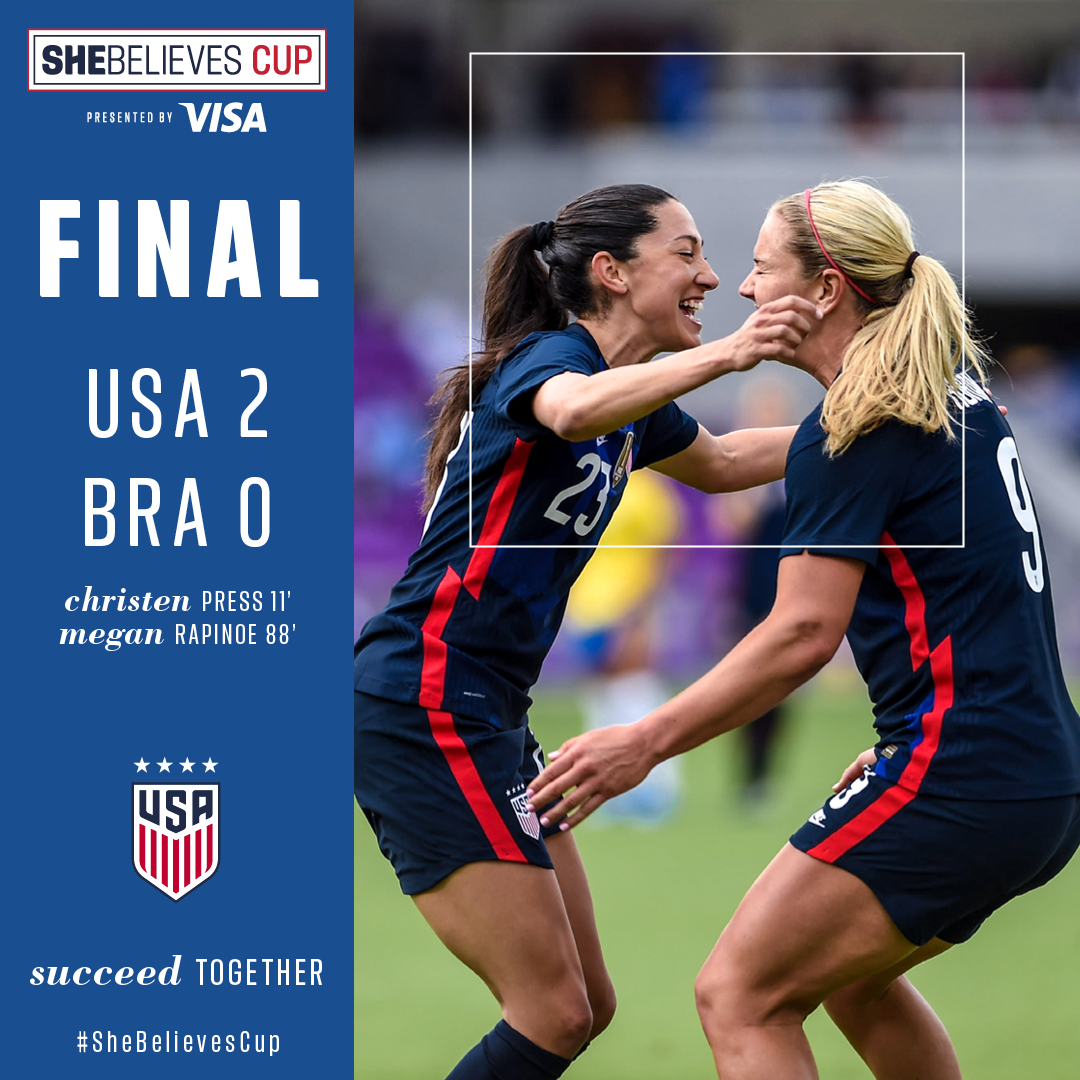 Goals From Christen Press and Megan Rapinoe Propel USWNT Past Brazil 2-0 In Second Match of 2021 Shebelieves Cup, Presented by Visa