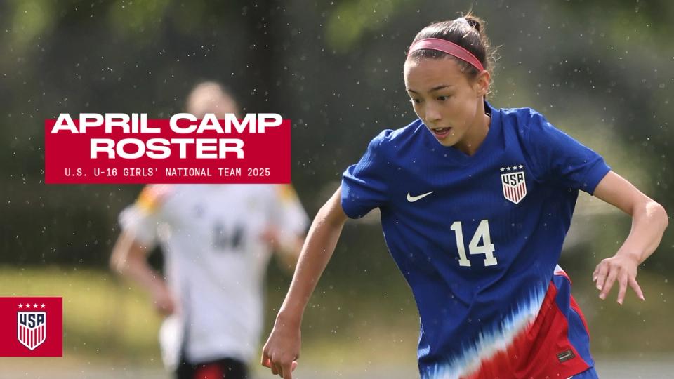 photo of No. 14 youth women's national player text in red and white reads April Camp Roster U.S. U-16 Girls' national team 2025photo of No. 14 youth women's national player text in red and white reads April Camp Roster U.S. U-16 Girls' national team 2025