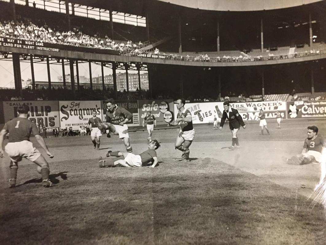 Brooklyn Hispano won its second consecutive title after defeating Morgan Strasser at the Polo Grounds in the 1944 U.S. Open Cup Final