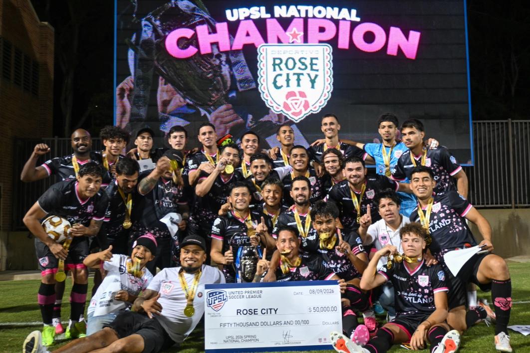 Deportivo Rose City players pose with the UPSL National Championship trophy after knocking off Miami United FC | Photo courtesy UPSL