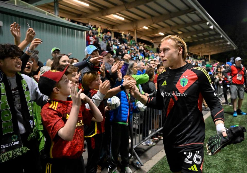 Andrew Thomas with the Sounders first team in the 2024 Open Cup