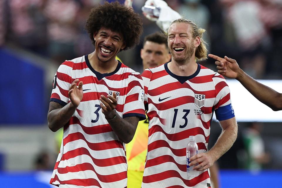 Chris Richards (left) and Tim Ream (right) celebrate after defeating Paraguay at Los Angeles Stadium in the group stage of FIFA World Cup 2026 (Photo by Omar Vega/Getty Images)