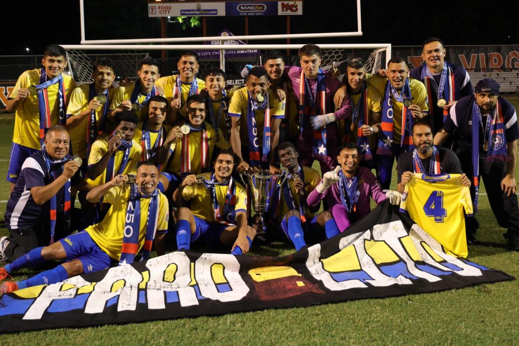 El Farolito players gather after defeating Bristol Rhythm AFC in the NPSL National Championship | Photo courtesy Chris Row/NPSL.com