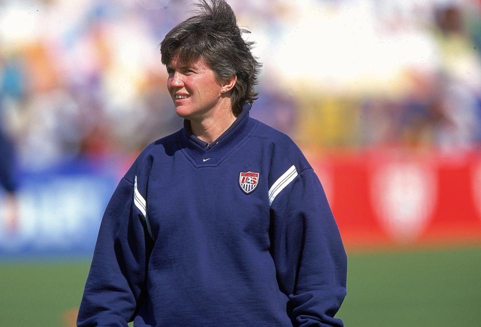 6 Feb 2000: April Heinrichs of Team USA watches from the sidelines during the game against Team Norway at Lockhart Stadium in Fort Lauderdale, Florida. Team Norway defeated Team USA 3-2. (Photo/Jon Ferrey /Allsport)
