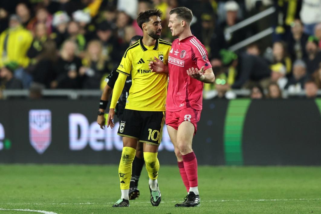 COLUMBUS, OHIO - OCTOBER 21: Santiago Rodriguez #8 of Columbus Crew and Christopher Durkin #8 of ST Louis City SC argue during the Lamar Hunt U.S. Open Cup 2026 final at ScottsMiracle-Gro Field on October 21, 2026 in Columbus, Ohio. (Photo by Omar Vega/USSF/Getty Images)