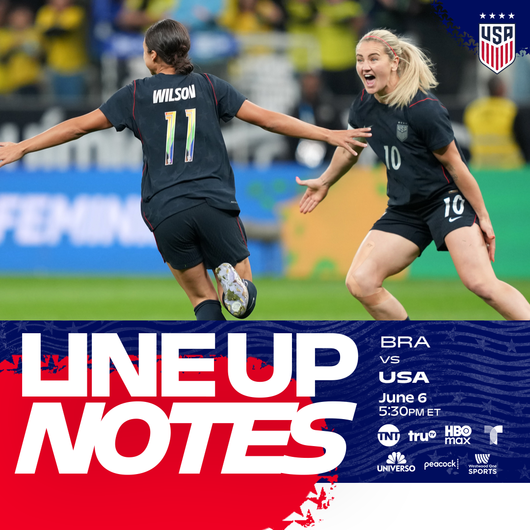 USWNT vs. Brazil: Starting XI & Lineup Notes on Tuesday, June 9 in Fortaleza, Brazil