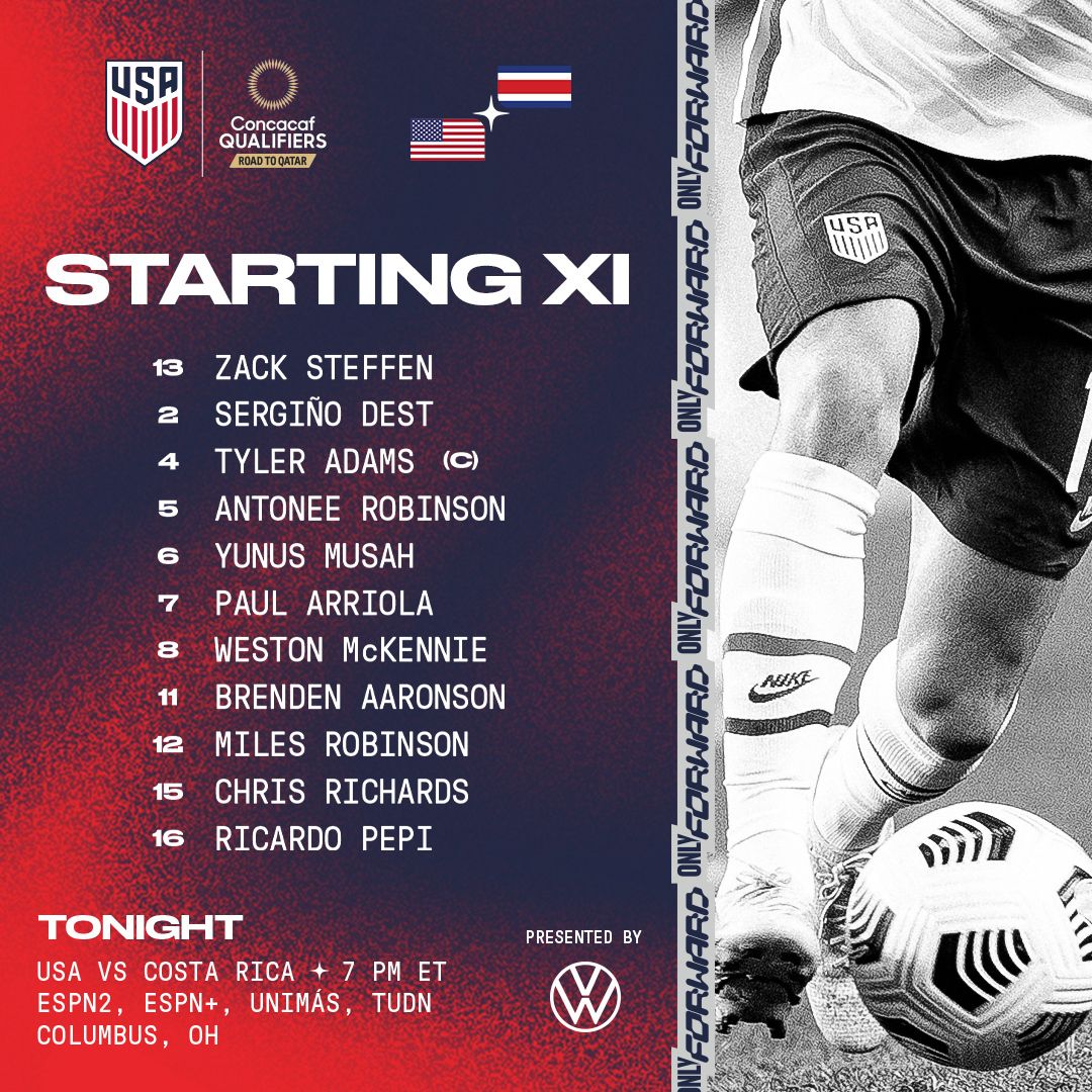 2022 Concacaf World Cup Qualifying: USA vs. Costa Rica - Starting XI, Lineup Notes, TV Channels & Start Time