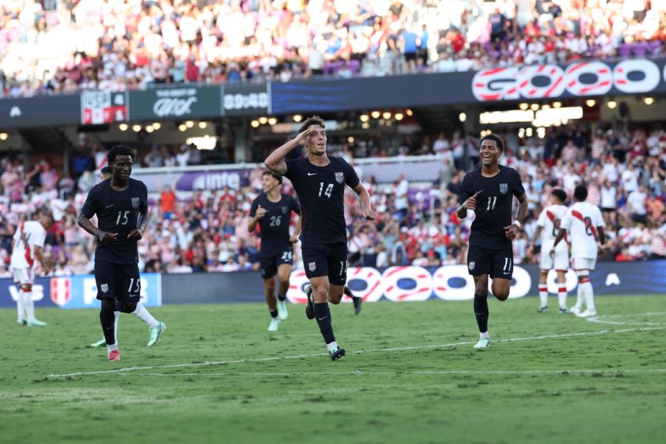 Sebastian Berhalter celebrates scoring his team's fourth goal during the international match vs. Peru (Photo by Taylor Banner/USSF/Getty Images)