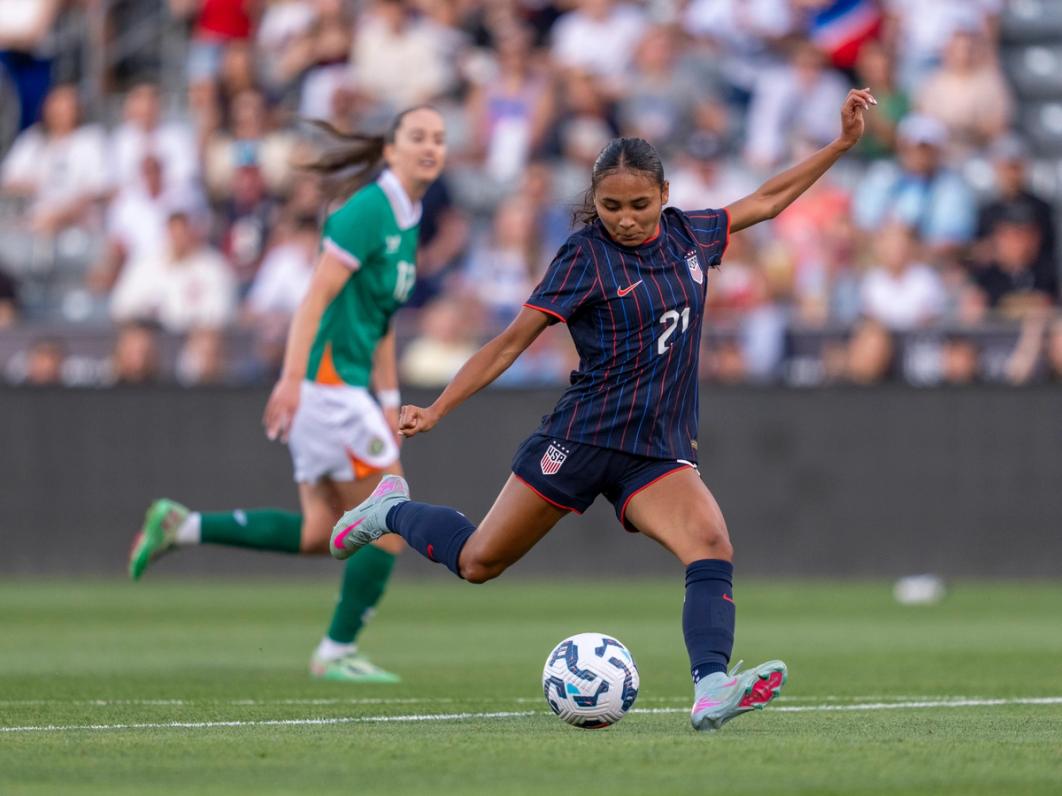 Alyssa Thompson takes a strike against Ireland