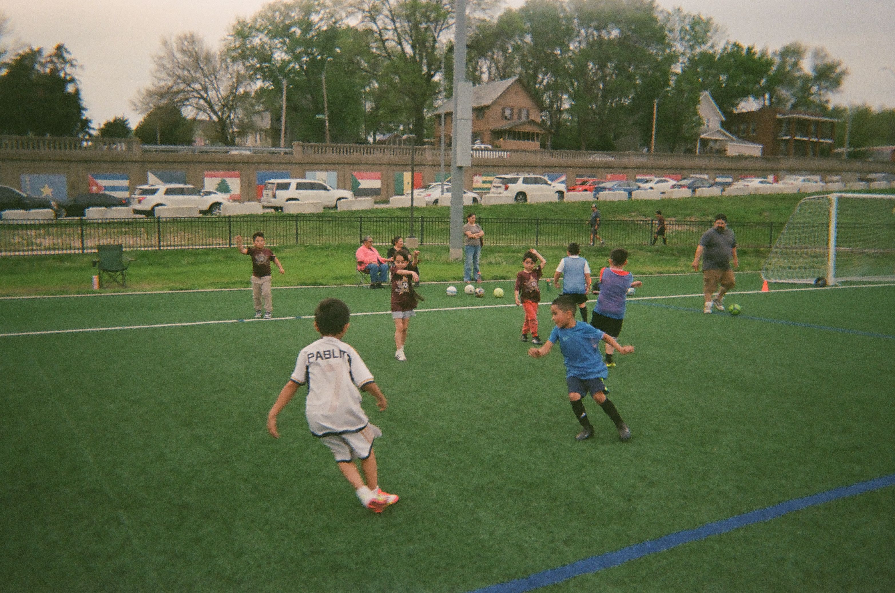 Youth players participate in an out door soccer training session.