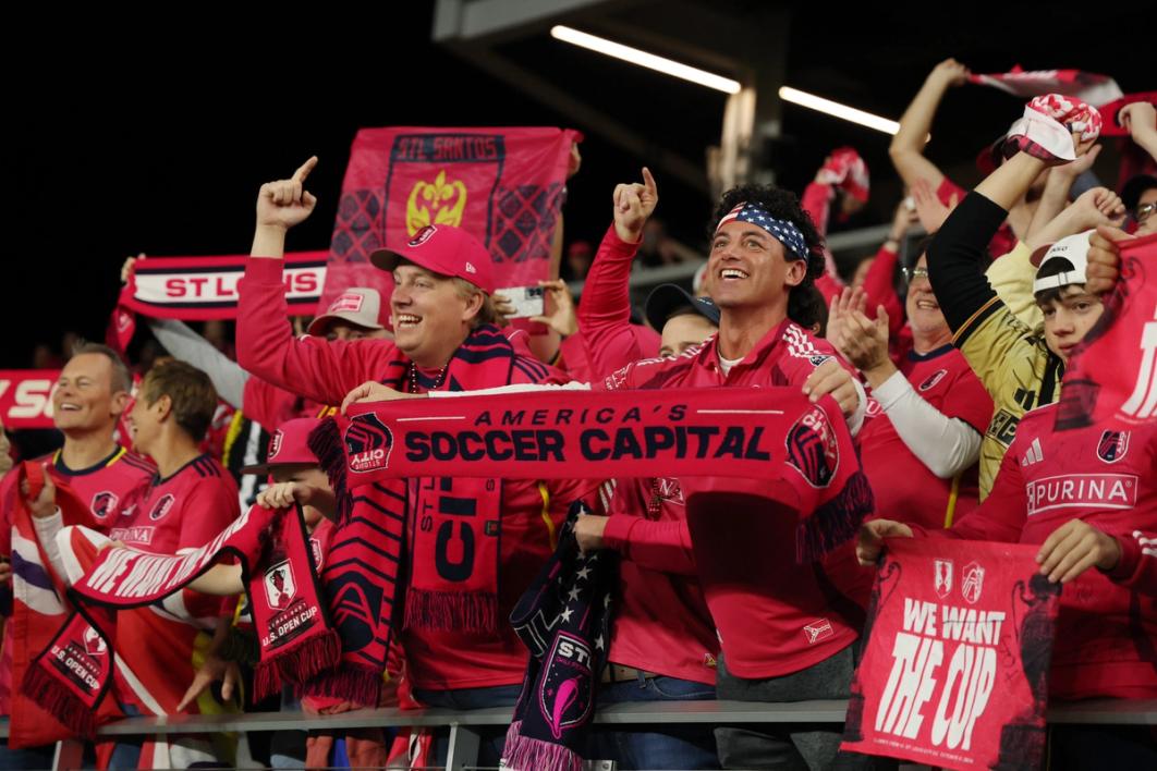 COLUMBUS, OHIO - OCTOBER 21: Fans of ST Louis City SC celebrates after winning the Lamar Hunt U.S. Open Cup 2026 final at ScottsMiracle-Gro Field on October 21, 2026 in Columbus, Ohio. (Photo by Andy Lyons/Getty Images)