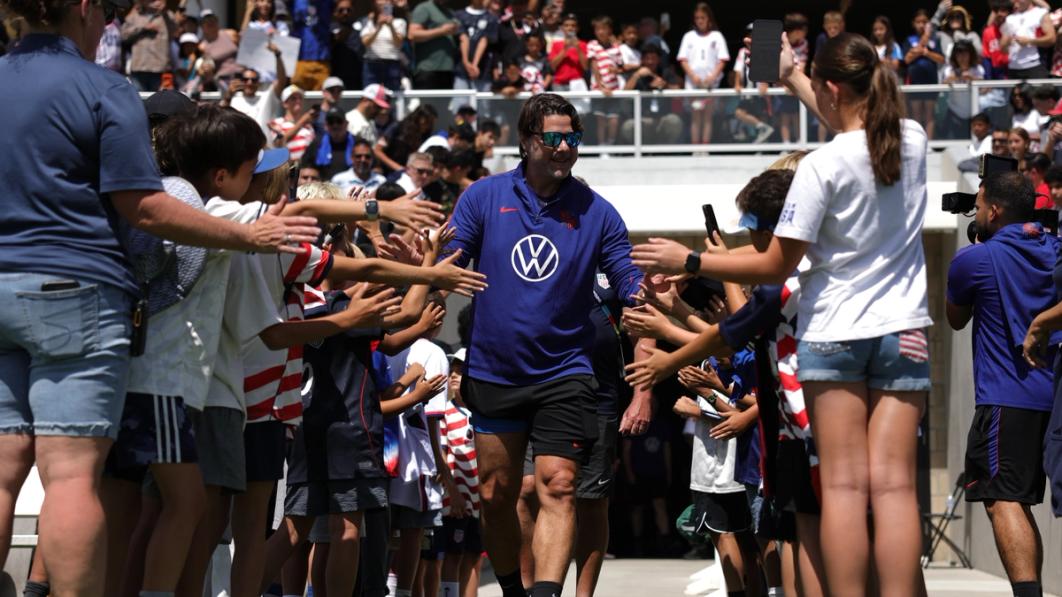 Mauricio Pochettino greets fans at the Orange County Great Park ahead of FIFA World Cup 2026 training in Irvine, Calif.