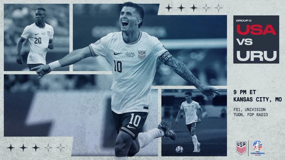Graphic with Christian Pulisic, Folarin Balogun and Gio Reyna with text Group C USA vs URU 9 PM ET Kansas City, Mo FS1 Univision TUDN FDP Radio