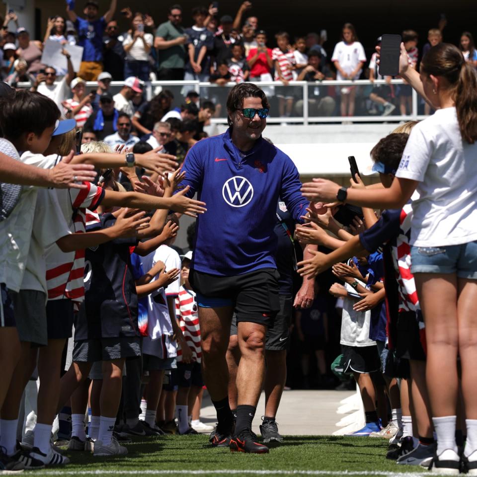 Mauricio Pochettino greets fans at the Orange County Great Park ahead of FIFA World Cup 2026 training in Irvine, Calif.